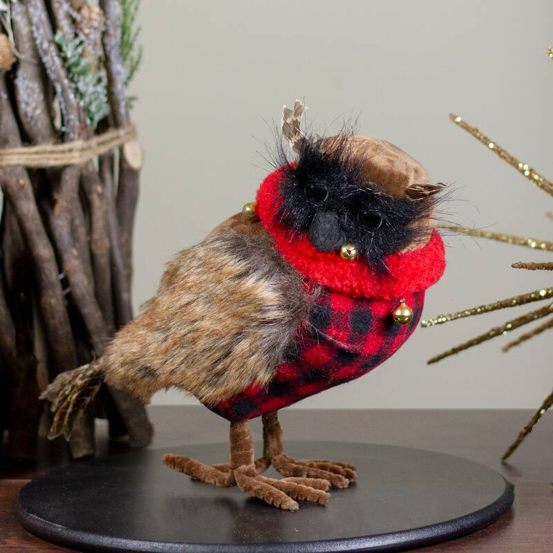 10" Owl with Buffalo Plaid Christmas Figure