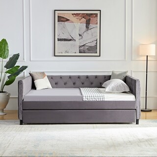 Full Velvet Daybed with Button and Copper Nail with Trundle, Grey