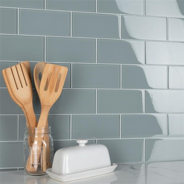SomerTile 3x6-inch Reflections Subway Blue Smoke Glass Wall Tile ...