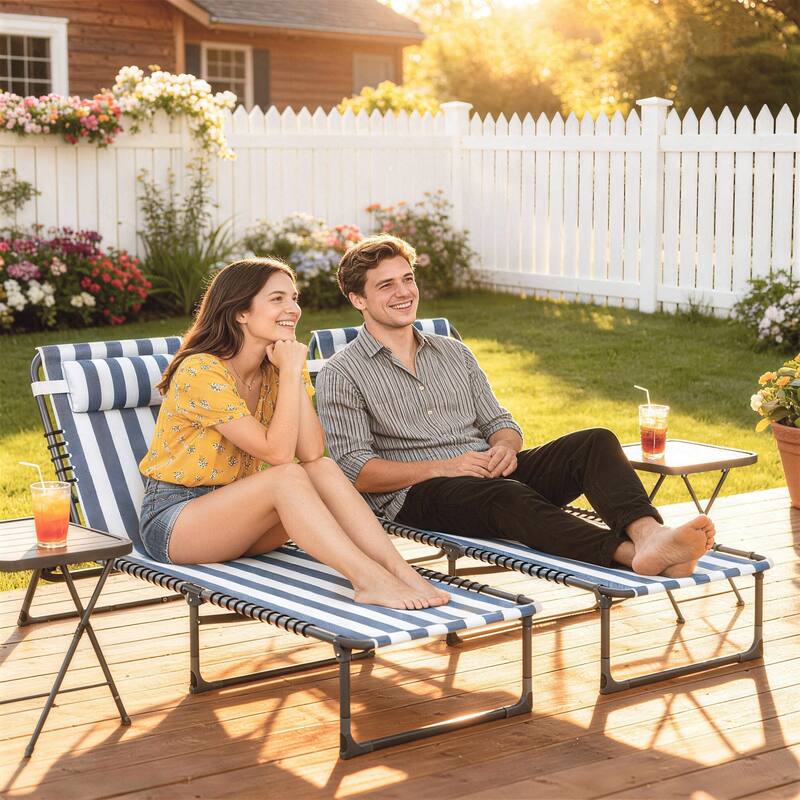 Outsunny Folding Chaise Lounge Chair Set of 2, Patio Sun Tanning Chair, Outdoor Chaise Lounger, Blue and White