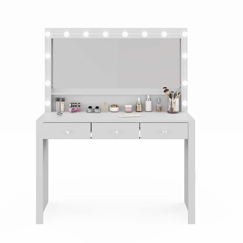 Boahaus Makeup Vanity Table Modern White 3 Drawers Light Bulbs Crystal Knobs
