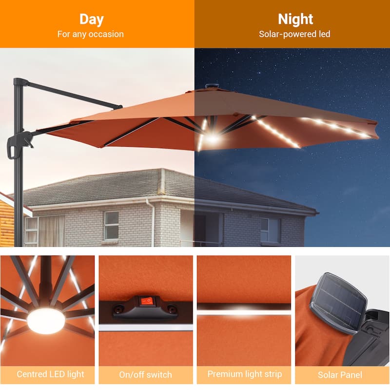 BONOSUKI 11ft LED Aluminum Patio Cantilever Offset Umbrella with Base