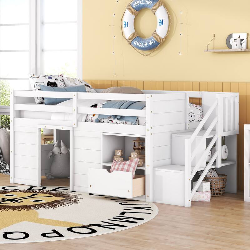 Kids Loft Bed Twin Size, Solid Wood Low Loft Bed Frame with Storage Stairs and Drawer, Modern Farmhouse Loft Bed for Boys Girls