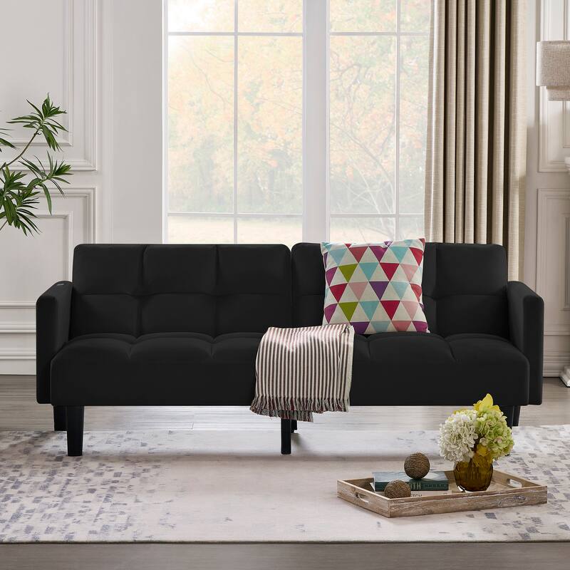Velvet Futon Couch Sofa Lounge Sofa with Adjustable Backrest, Convertible Folding Sofa Bed Sleeper Sofa - Black