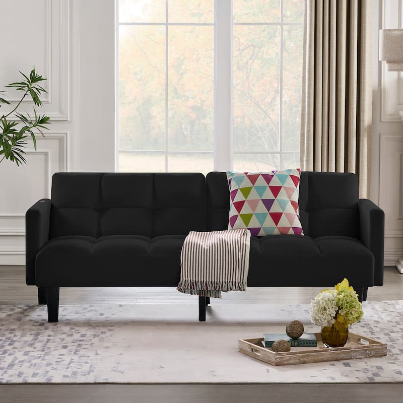 Versatile Adjustable Futon Couch Convertible Velvet Sleeper Sofa Bed with USB, Side Pockets, Chevron Tufting and Tapered Legs - Black