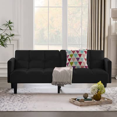 Versatile Adjustable Futon Couch Convertible Velvet Sleeper Sofa Bed with USB, Side Pockets, Chevron Tufting and Tapered Legs