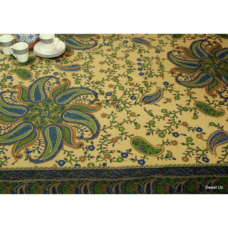 Cotton Block Print Paisley Floral Tablecloth Rectangle
