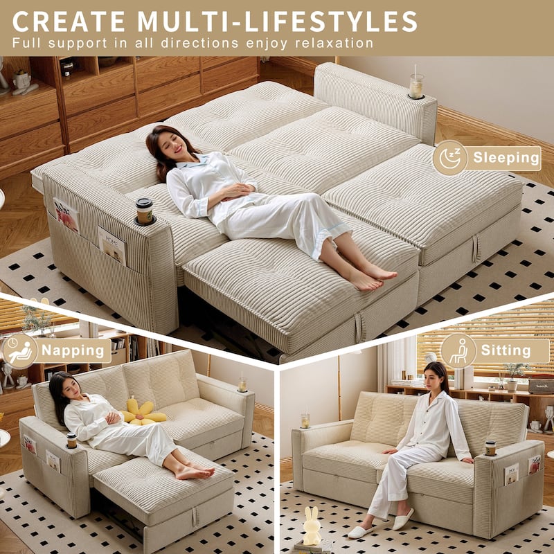 Multi-Functional Corduroy Loveseat Couch Convertible Sleeper Sofa Bed with Cup Holders and Side Pockets for Sitting, Sleeping