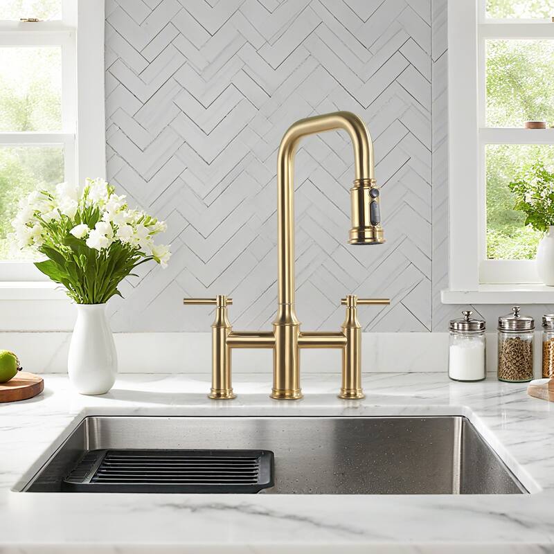 WOWOW Double Handle Bridge Kitchen Faucet with Advanced Spray
