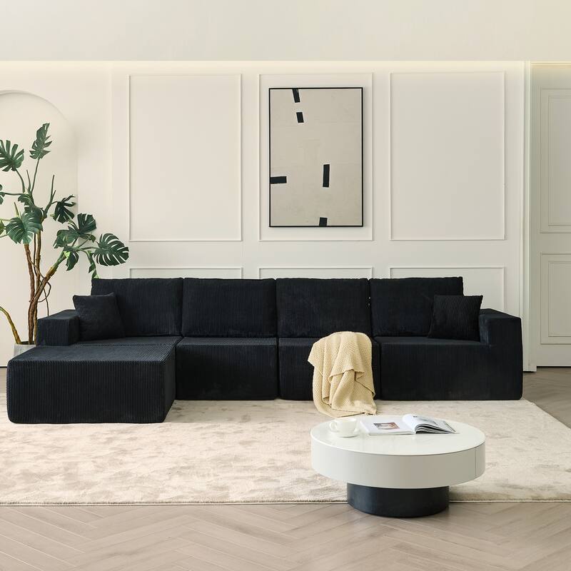 Modular L Shaped Sectional Sofa with Ottoman, Corduroy Boneless Cloud Sofa, 4 Seater Compressed Sofa with 2 Pillows