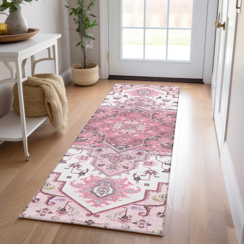 Machine Washable Indoor/ Outdoor Persian Traditional Chantille Rug - Pink - 2'3" x 7'6"