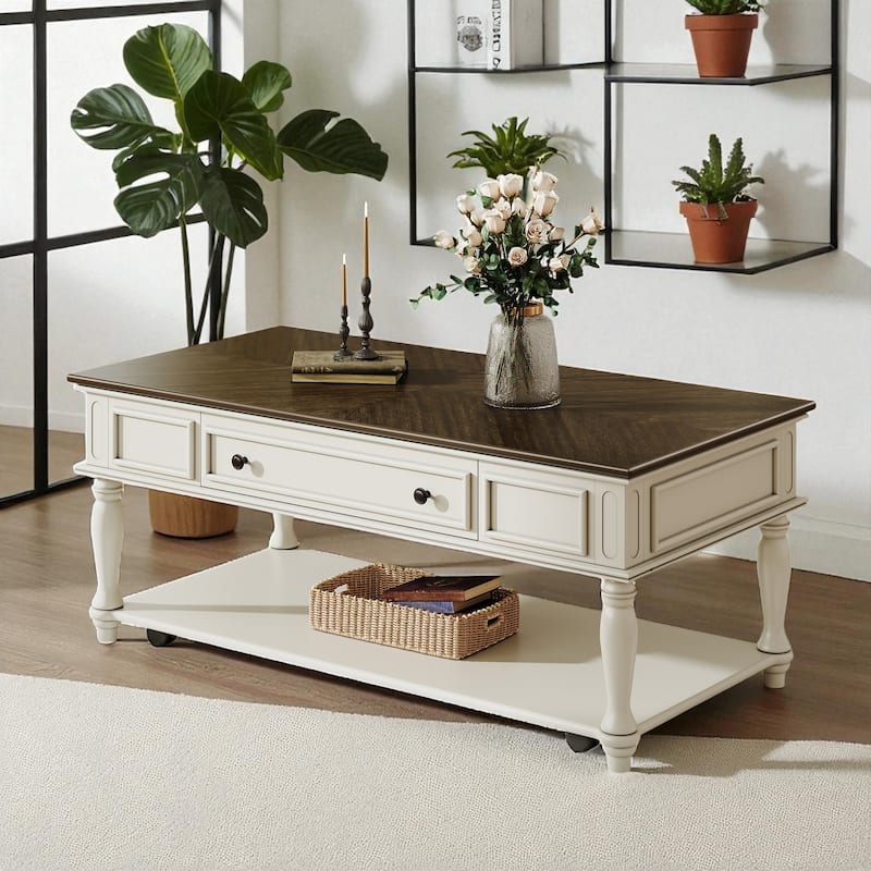 Farmhouse Coffee Table with Drawer and Shelf, 47.2" Rectangular Cocktail Table with Wheels, Rustic Wood Accent