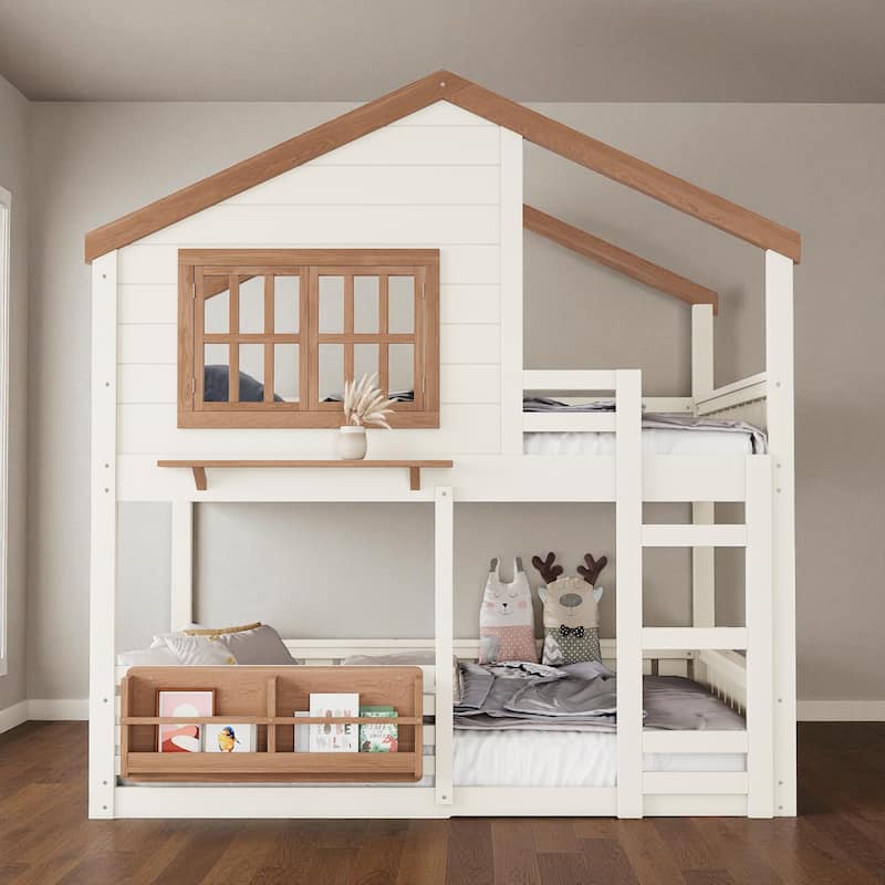 Twin/Full House Bunk Bed with Bookshelf, Safety Fence, Ladder and Loft Play Area, Wooden Kids Bed Frame - Beige - Full