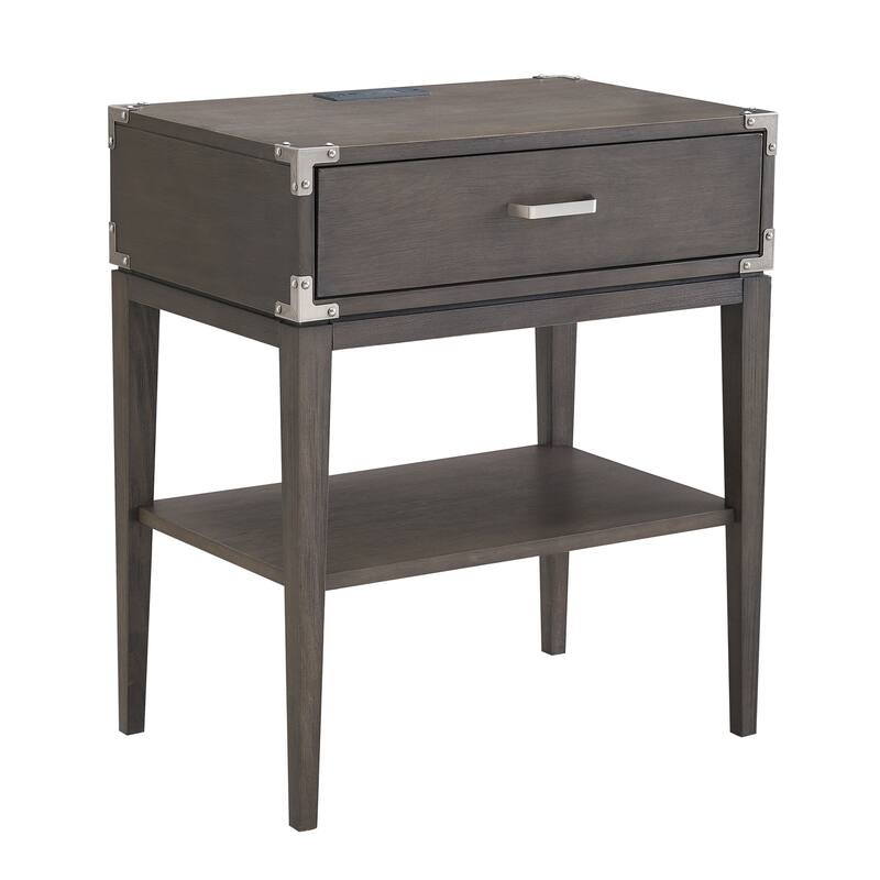 Rustic Nightstand Table with Drawer & Charging Station, Solid Wood Side Table, Bedroom Furniture