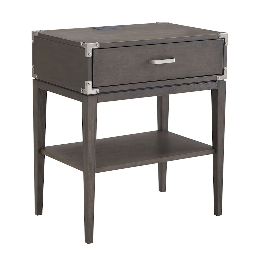 Rustic Nightstand Table with Drawer & Charging Station, Solid Wood Side Table, Bedroom Furniture