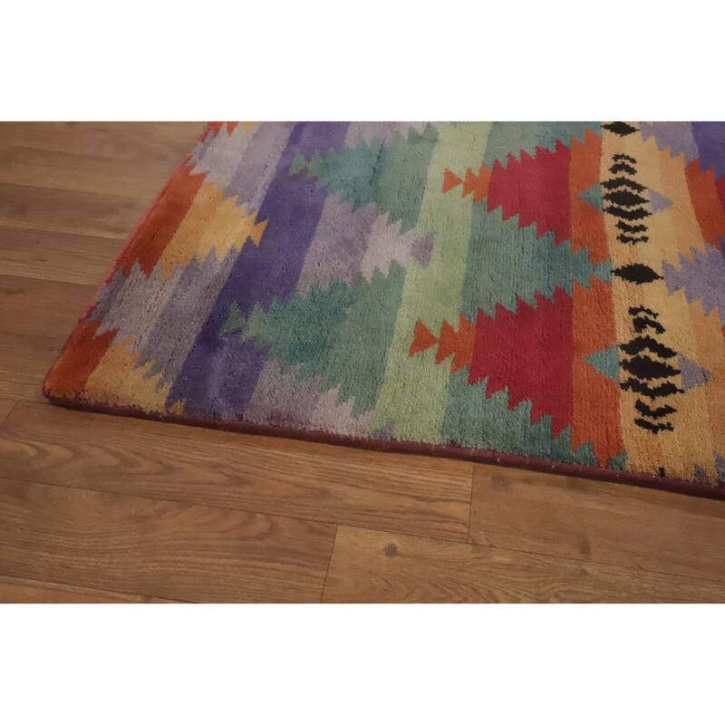 Hand-knotted Tribal Wool Purples Geometric Oriental Area Rug - 9' 2'' X 6' 1''