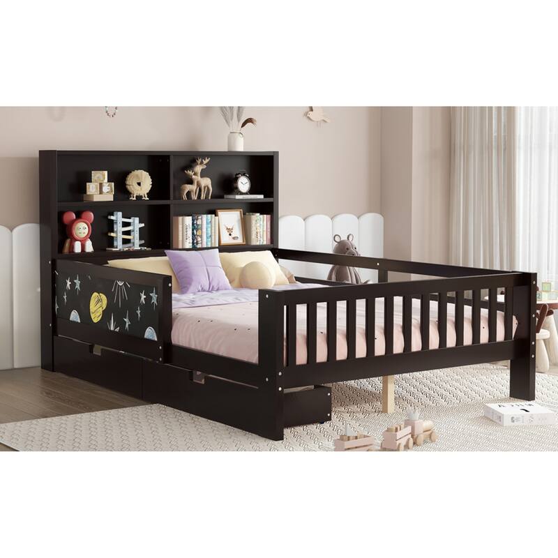 Roomfitters Platform Bed with Chalkboard Headboard, Storage Drawers and Shelves, Solid Wood Frame