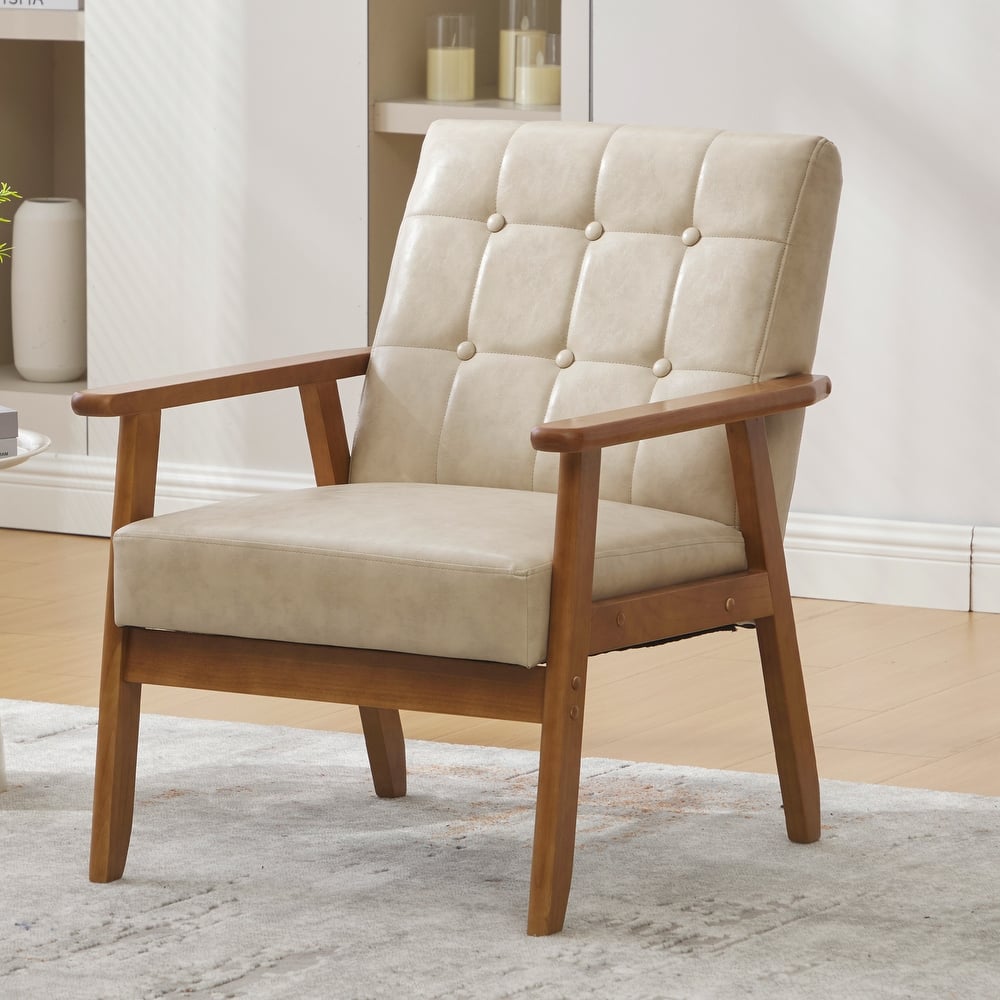 Linen/PU Upholstered Tufted Living Room/Bedroom Accent Chair With Wood Legs