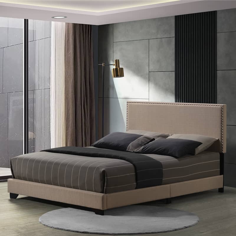 Queen Size Upholstered Panel Bed with Nailhead Trim and Wooden Legs - Beige