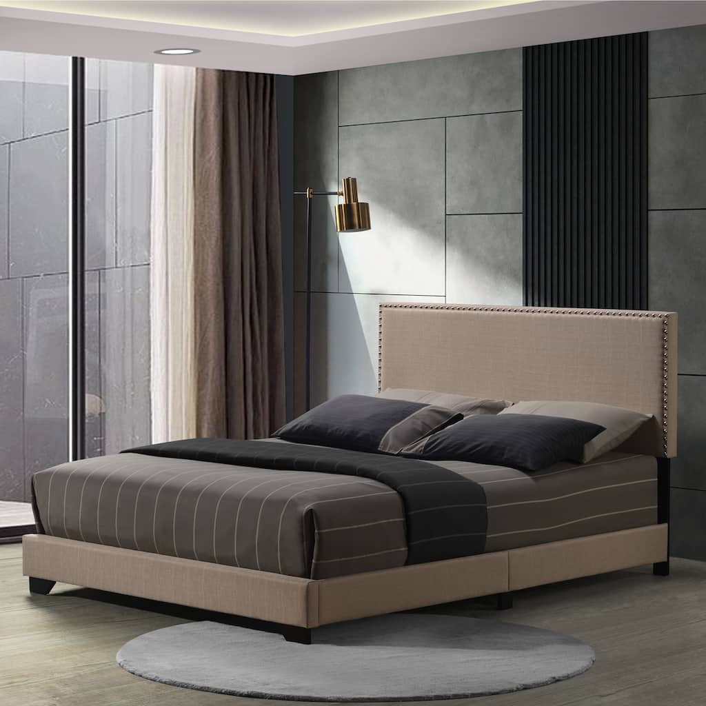 Queen Size Upholstered Panel Bed with Nailhead Trim and Wooden Legs