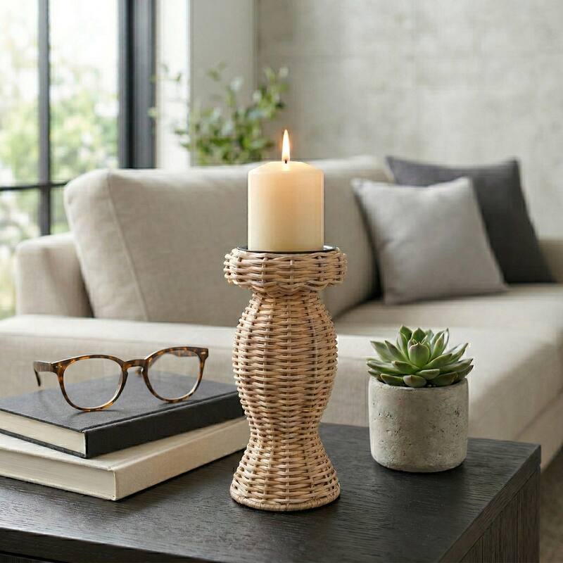 Candle Holder - Brown Metal Handwoven Raffia Pillar