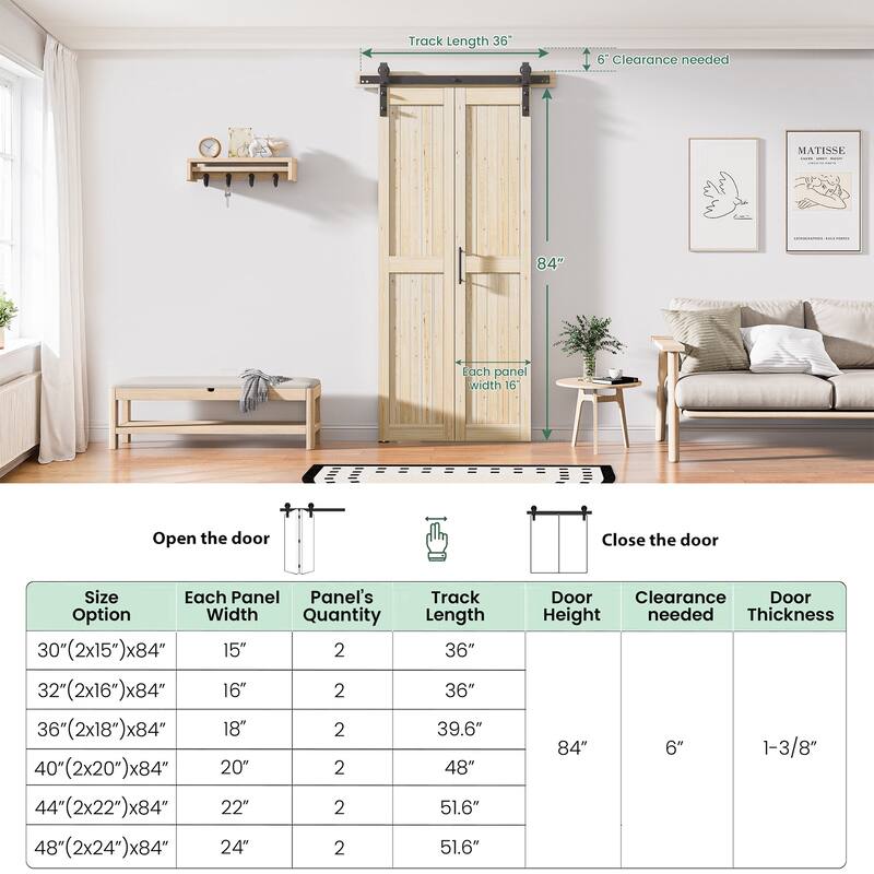 Assembled 30in./32in./36in./40in./44in./48in. x 84 in. Solid Core Pine Wood Bi-Fold Door With Hardware Kit