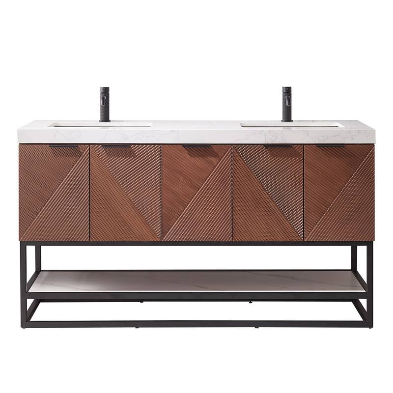 Mahon Double Bath Vanity with Composite Stone Top without Mirror - 60in. - Matte Black Base