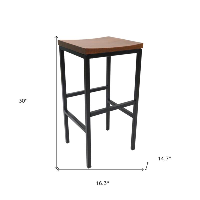Contemporary Chestnut Swivel Solid Wood Saddle Seat Bar Stool with Footrest and Black Steel Frame