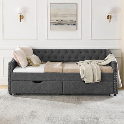 Twin Size Upholstered Tufted Daybed with Drawers and Nailhead Trim