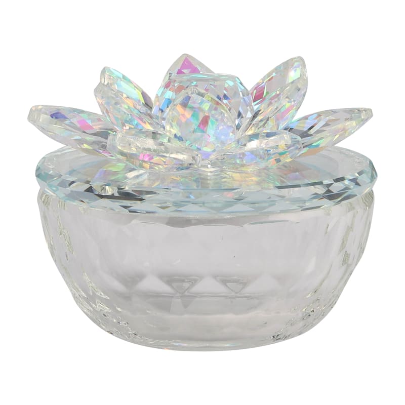 Decorative Rainbow Lotus Top Glass Trinket Dish for Jewelry and Keepsake Storage