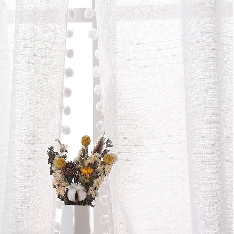 DriftAway Laura Pom Pom Sheer Window Curtain Panel Pair