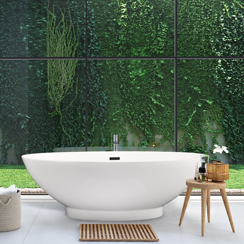 Altair Elbow 67" x 32" Flatbottom Freestanding Acrylic Soaking Bathtub in Glossy White - White