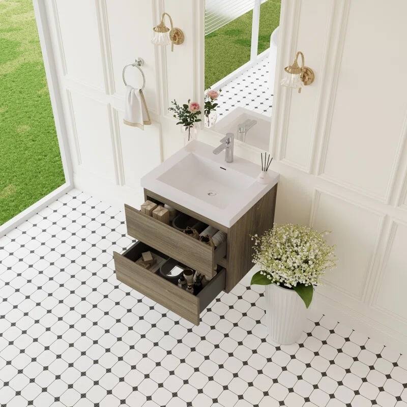 ABRUZZO 24" Floating Single Bathroom Vanity Wall-Mounted with Integrated Resin Top Basin 2 Soft Close Drawers Full Assembly