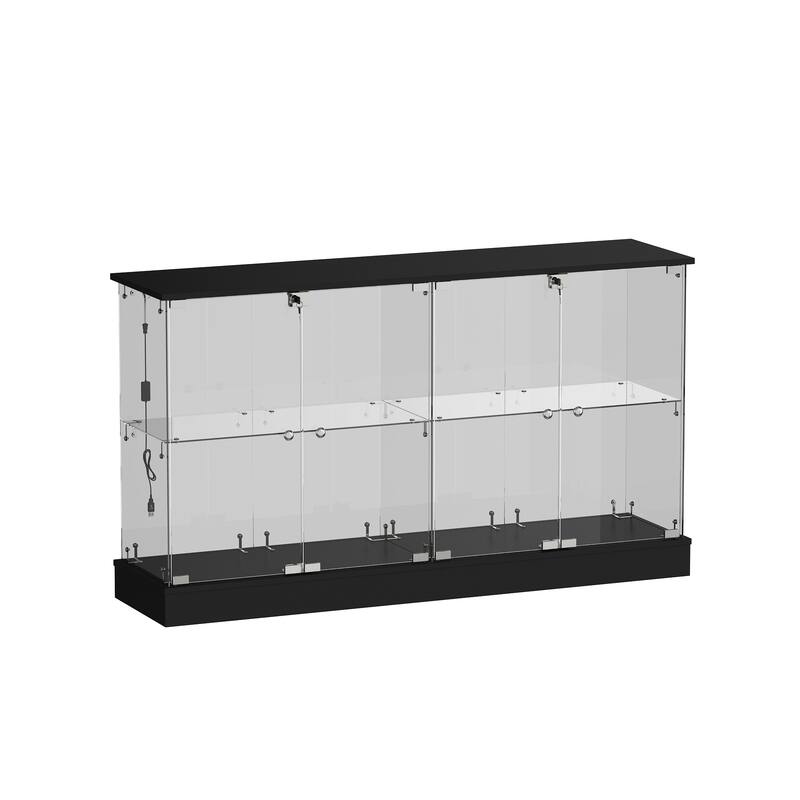 Black Bookcase Glass Display Cabinet with LED Lights, Modern Storage Showcase for Bags, Shoes, Liquor & Collectibles