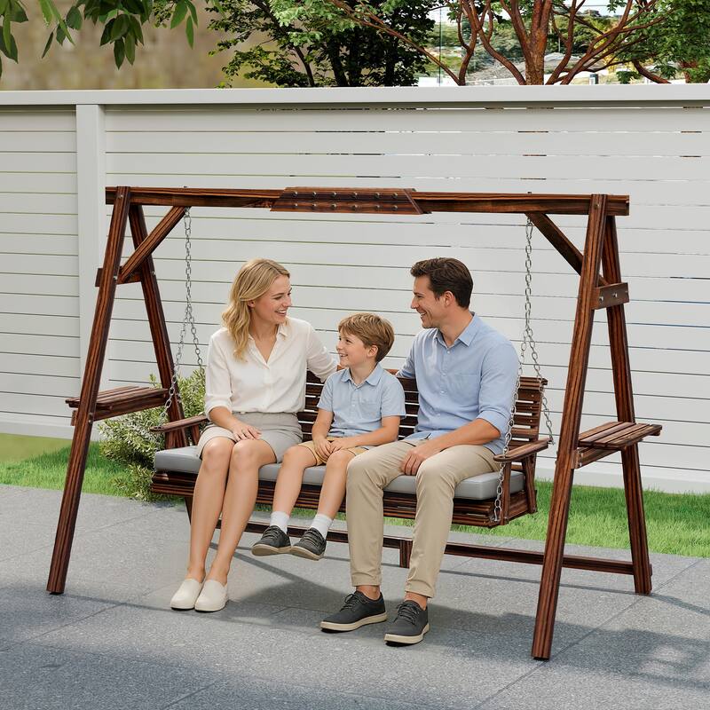 Outsunny 3 Seat Porch Swing with Stand, Wooden Patio Swing Chair with Cushion, Side Trays and Metal Chains