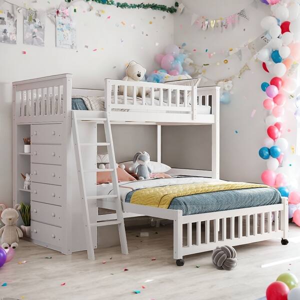 slide 2 of 13, Wooden Twin Over Full Bunk Bed with Six Drawers, Shelves,Rolling Bottom Bed,Twin Size Upper Bunk, Full Size Bottom Bunk White