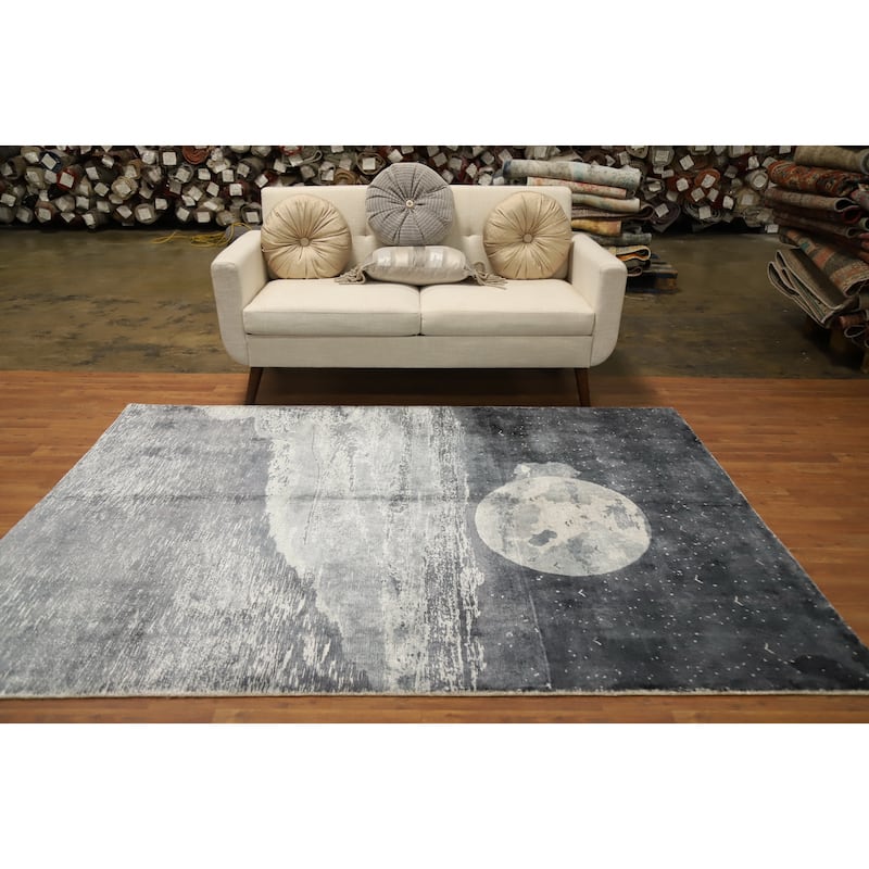 Hand Knotted Oriental Viscose Silk Carpet Modern Pictorial Greys & Charcoal Abstract Area Rug - 7' 8'' X 5' 7''