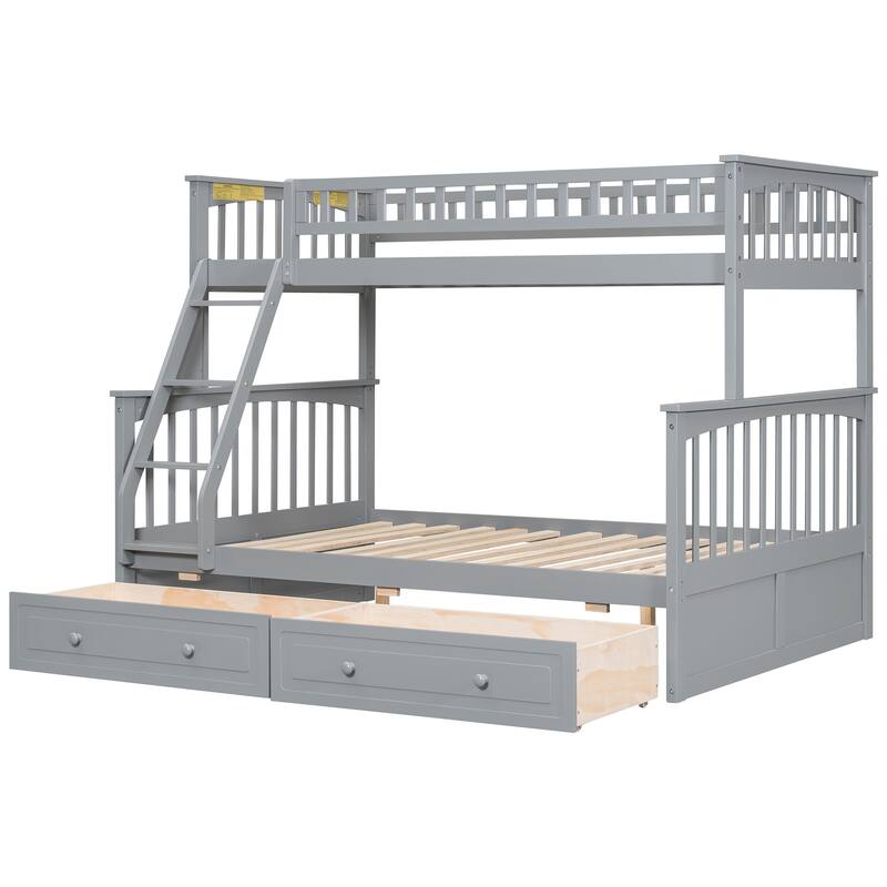 Wooden Storage Bunk Bed Frame with Fence-shaped Guardrails and Pull-out Drawers, Convertible 2 Platform Beds, Detachable Design