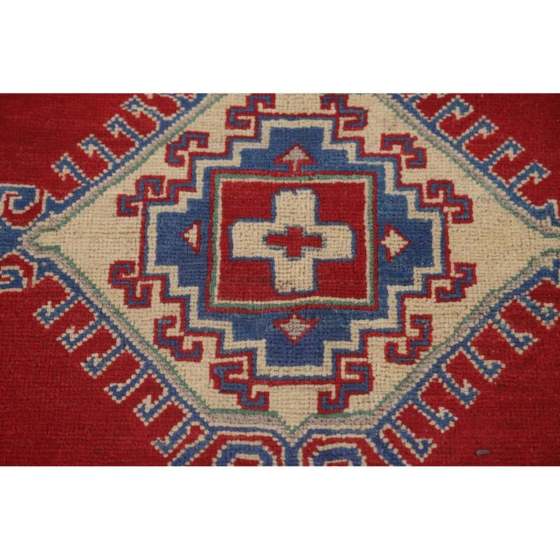 Red Geometric Kazak Area Rug Hand-Knotted Oriental Wool Carpet - 5'5" x 6'5"