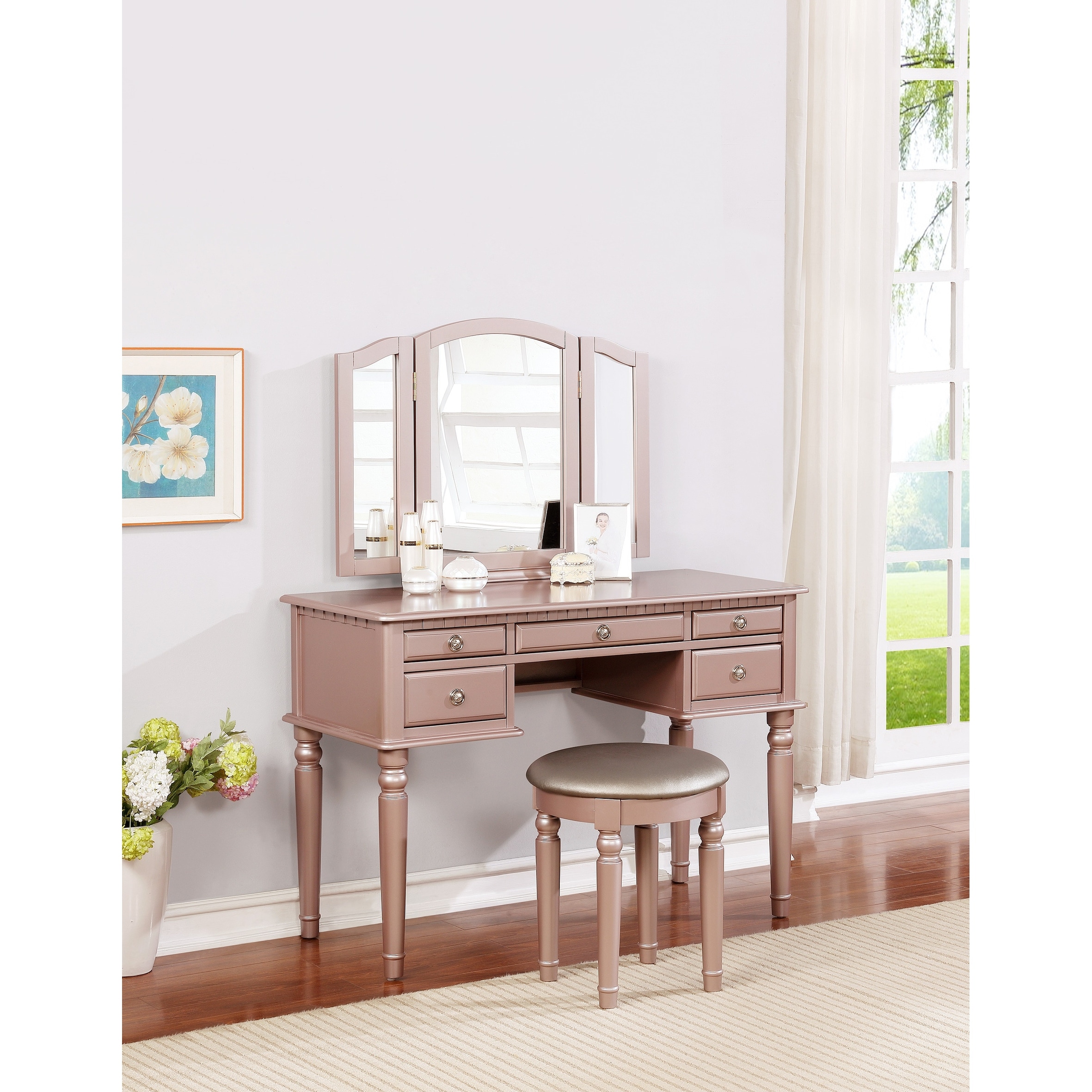 Youthful Rose Gold Vanity Set with Storage Drawers and Padded Stool Bed Bath Beyond 40770166