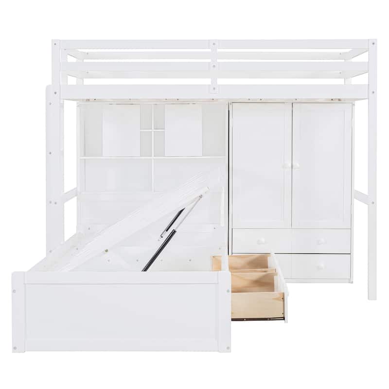 Twin Bunk Bed w/ Drawers, Wardrobe, Storage Shelves and Hydraulic Bed