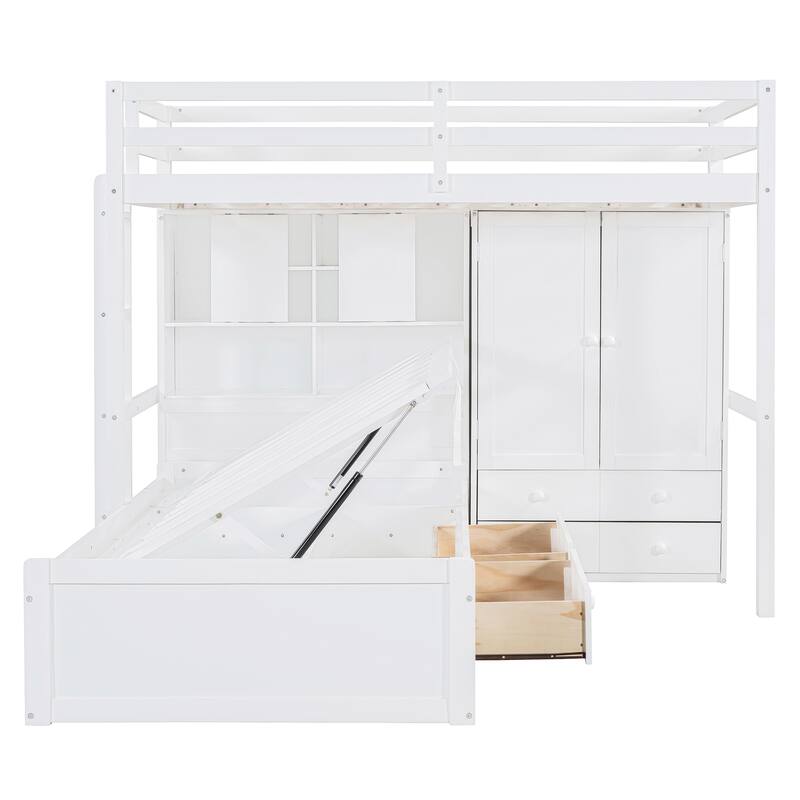 Twin Bunk Bed with Wardrobe, 6 Drawers Hydraulic Storage and MDF+LVL, 600lb Capacity, Space-Saving Design