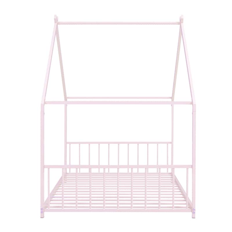 Metal House Bed with Roof, Fence, and Back