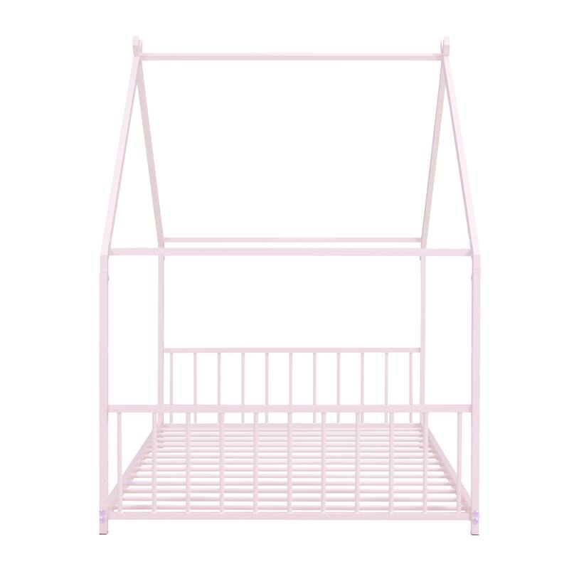 Pink Twin Size Metal House Bed with Roof for Kids - Play & Sleep Design