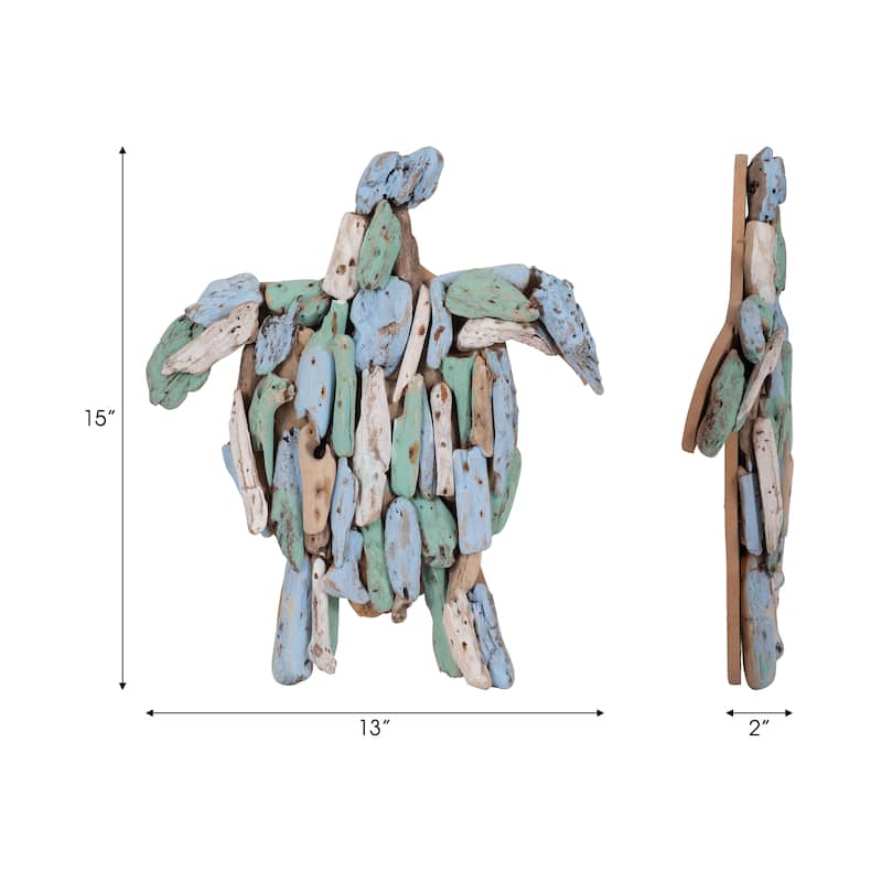 Wooden Decorative Turtle Figurine Sculpture - 15", Blue & Green - 15.0"