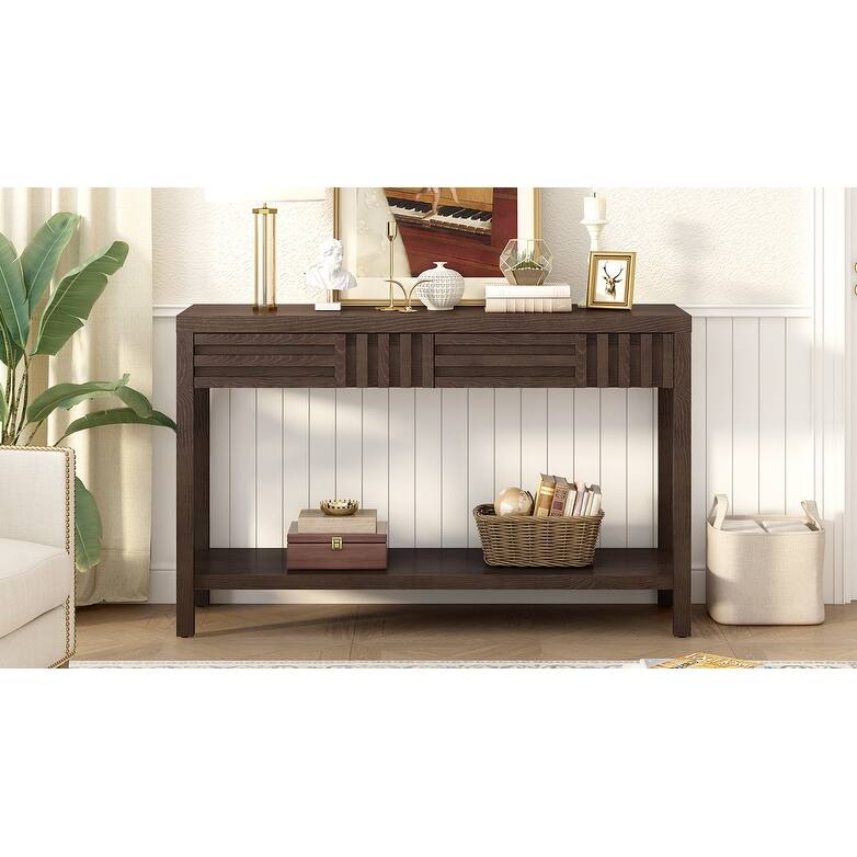 Modern Classic Striped Console Table with 2 Drawers and Open Shelf, for Living Room, Hallway Entryway, Study Room, Brown