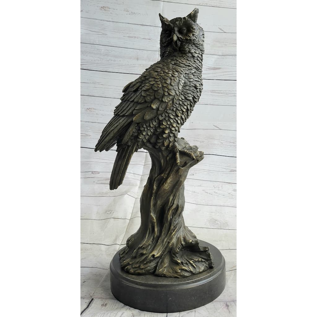 Perched Owl Bird Bronze Statue Sculpture Figure On Marble Base Signed Original 18 Inches X 12 Inches