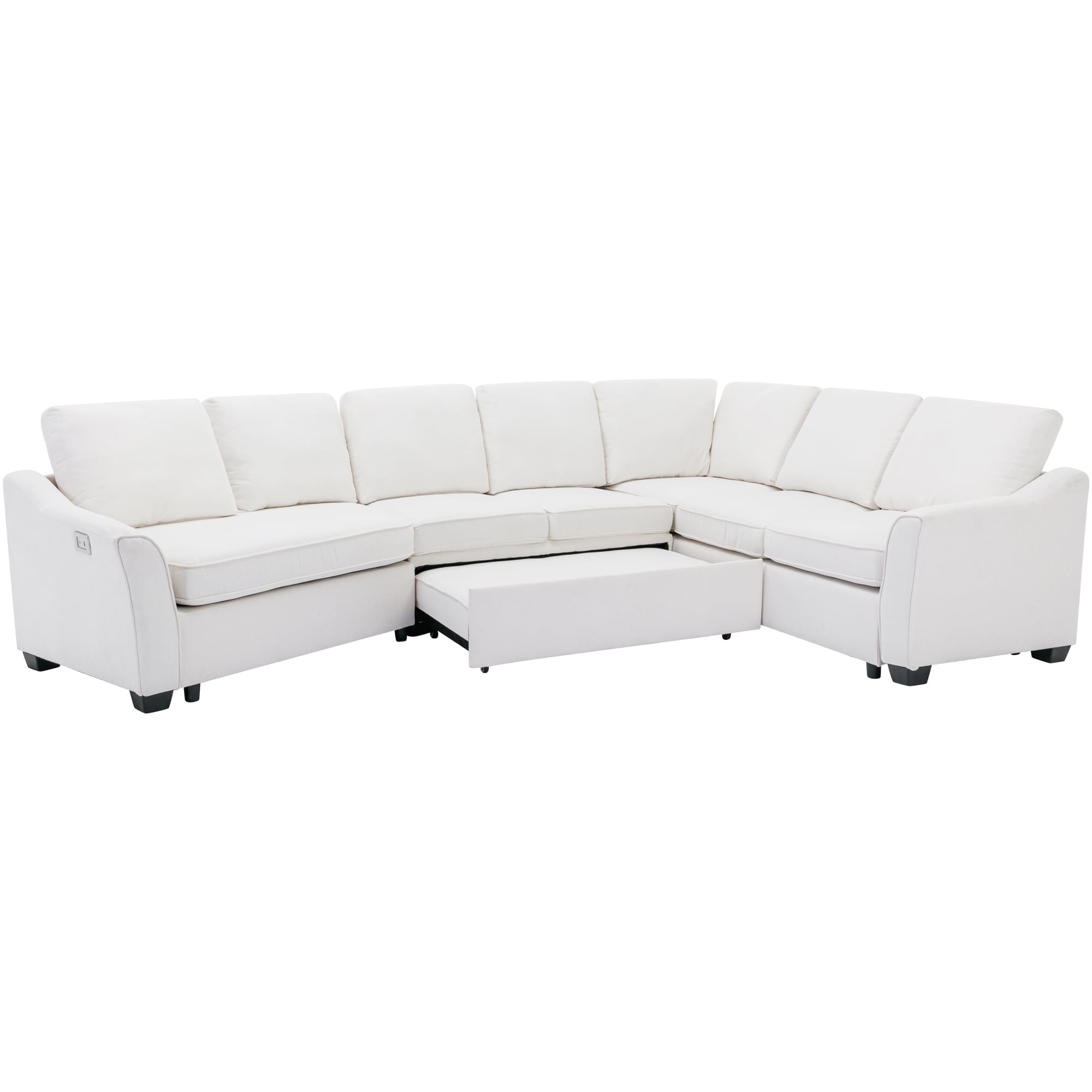 Modular Upholstered Sectional Sofa with USB Charge Ports, 4-Seater - Beige Chenille