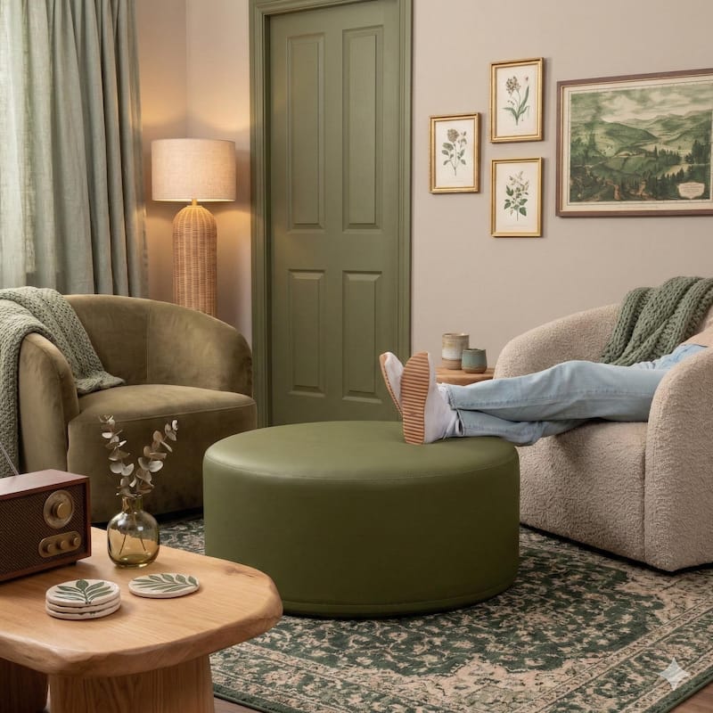 Jaxx Candler Round Couch Ottoman Large Coffee Table & Foot Rest - 36 Inch - Vegan Leather Olive Green