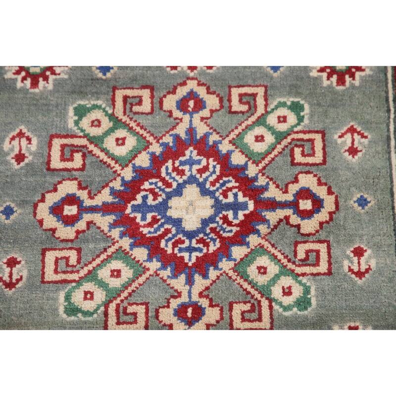Hand Knotted Oriental 100% Wool Carpet Traditional Geometric Green Kazak Area Rug - 6' 3'' X 2' 9''